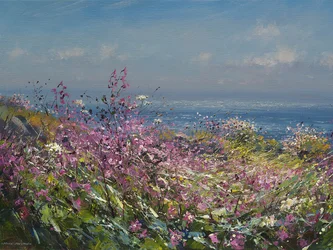 British Print Artist MARK PRESTON - Clifftop Flowers, Cornwall